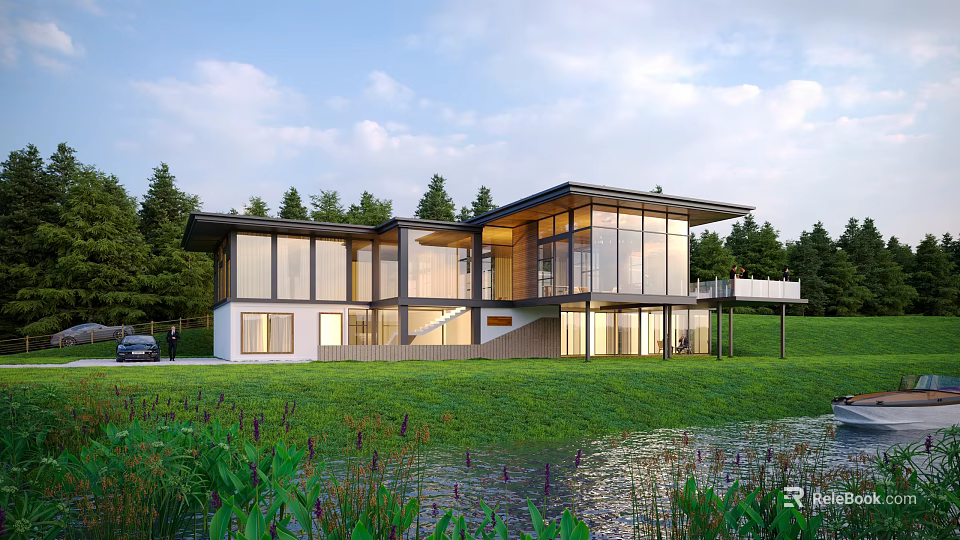 Modern Detached Villa With Large Glass Windows And Lakeside Green Lawn Surrounded By Trees 3d model 
