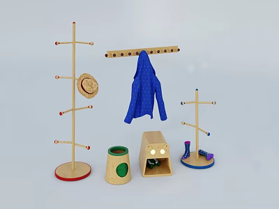 Wooden Clothes Racks With Hanging Blue Coat Hat And Small Storage Containers 3d model