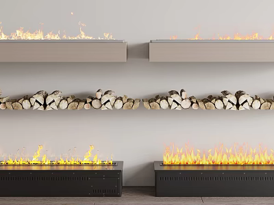 Modern Fireplace Interior Designs With Burning Flames And Stacked Wood Logs 3d model
