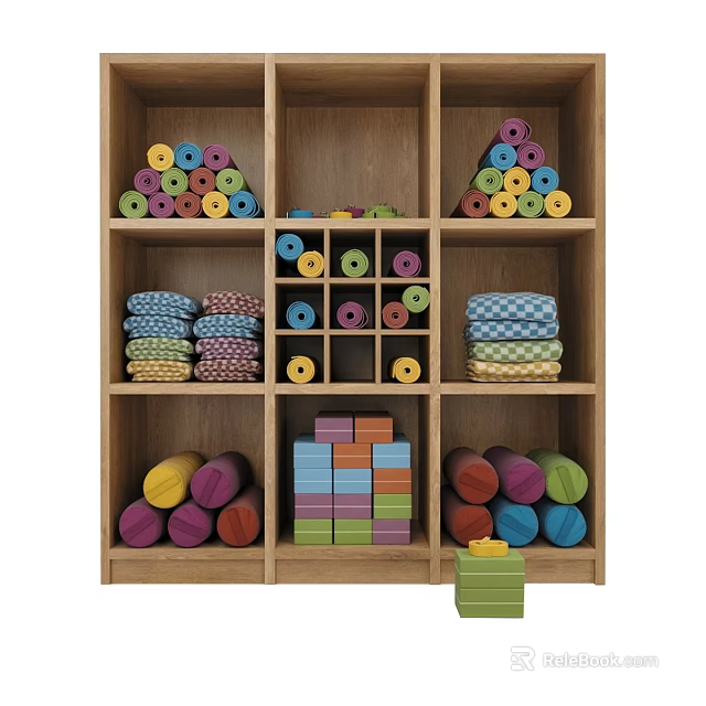 Wooden Storage Cabinet With Colorful Rolls Stacked Fabrics And Colorful Building Blocks 3d model 