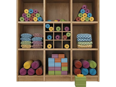 Wooden Storage Cabinet With Colorful Rolls Stacked Fabrics And Colorful Building Blocks 3d model
