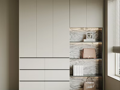 Light Gray Wardrobe with Cabinet Doors Drawers and Marble Open Shelves Near Window Blinds 3d model