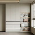 Light Gray Wardrobe with Cabinet Doors Drawers and Marble Open Shelves Near Window Blinds