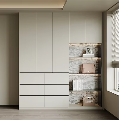 Light Gray Wardrobe with Cabinet Doors Drawers and Marble Open Shelves Near Window Blinds 3d model