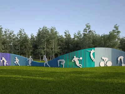 Vibrant Feature Wall with Sporty Figure Silhouettes on Green Lawn and Trees 3d model