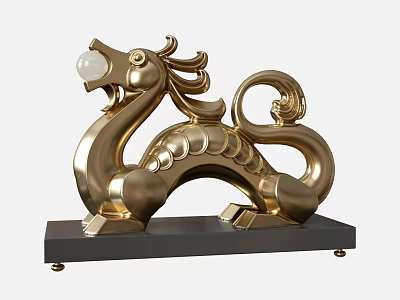 Golden Dragon Sculpture Carving With Curved Tail And Black Base Decoration 3d model