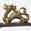 Golden Dragon Sculpture Carving With Curved Tail And Black Base Decoration