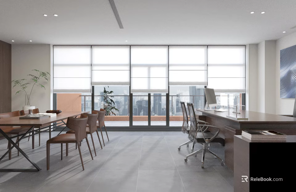Modern Office Interior With Large Windows Conference Table Desk Chairs Plants And City View 3d model 