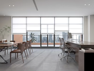 Modern Office Interior With Large Windows Conference Table Desk Chairs Plants And City View 3d model