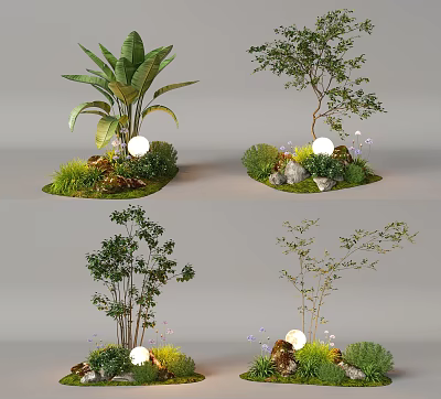Creative Plant Combinations With Trees Shrubs Grass Decorative Stones And Small Lights 3d model