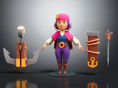 Animated Pirate Female Character Wearing Pink Hat With Anchor Rope And Sword 3d model