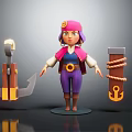 Animated Pirate Female Character Wearing Pink Hat With Anchor Rope And Sword