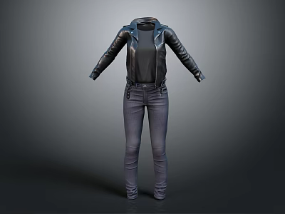 Black Leather Jacket With Black Inner T-shirt And Gray Casual Jeans Outfit 3d model