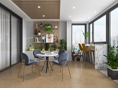 Home Balcony Interior Design With Round Dining Table Blue Chairs Plants And City View 3d model