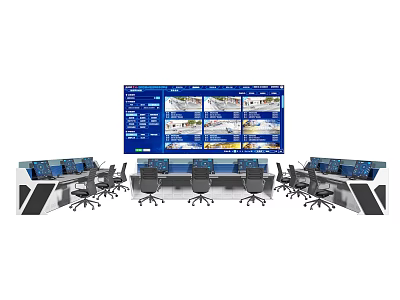 Modern Service Hall Interior With Multiple Large Screens Control Desks And Office Chairs 3d model