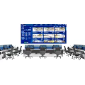 Modern Service Hall Interior With Multiple Large Screens Control Desks And Office Chairs