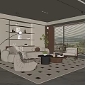 Modern Living Room Interior Design With Sofa Armchair Coffee Tables Shelves Floor Lamp And Rug