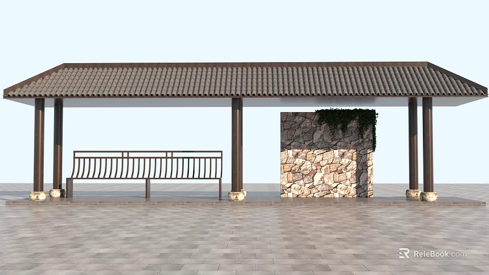 Traditional Pavilion With Tiled Roof Wooden Bench And Stone Wall On Paved Floor 3d model 