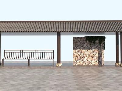Traditional Pavilion With Tiled Roof Wooden Bench And Stone Wall On Paved Floor 3d model