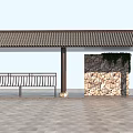 Traditional Pavilion With Tiled Roof Wooden Bench And Stone Wall On Paved Floor