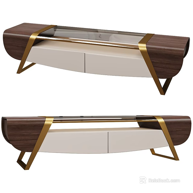 Elegant Modern TV Stand With Walnut Wood Gold Metal Accents Glass Top Storage Drawers 3d model 