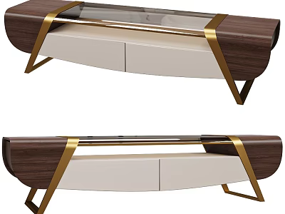 Elegant Modern TV Stand With Walnut Wood Gold Metal Accents Glass Top Storage Drawers 3d model