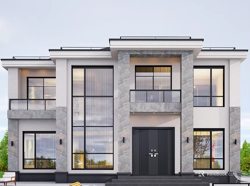 Modern Two Story Single Family House With Stone Walls Large Glass Windows And Black Door 3d model 