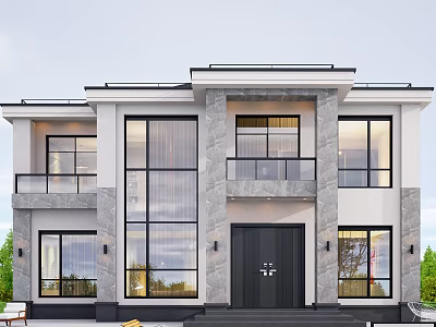 Modern Two Story Single Family House With Stone Walls Large Glass Windows And Black Door 3d model