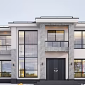 Modern Two Story Single Family House With Stone Walls Large Glass Windows And Black Door