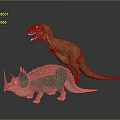 Realistic Brown Tyrannosaurus Rex and Turquoise Triceratops Dinosaur Models on Gray Background