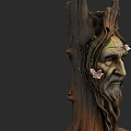 Wooden Tree Stump Sculpture With Carved Old Man Face And Green Vines Pink Flowers