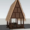 Traditional Thatched House With Triangular Roof Wooden Frame And Railed Porch Under Blue Sky