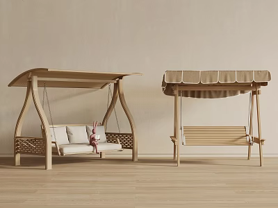 Wooden Frame Swing Chairs with Canopy Cushioned Seats and Bench Style Design 3d model