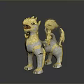Detailed Gray And Yellow Mythical Creature With Mane Flame Tail Standing Sculpture