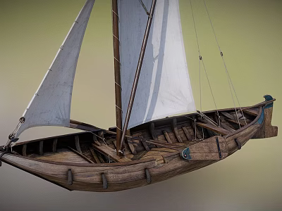 Traditional Wooden Boat With White Sail And Wooden Hull Design Details 3d model