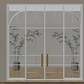 White Framed Glass Sliding Door With Arch Design And Plant Reflections On Wooden Floor