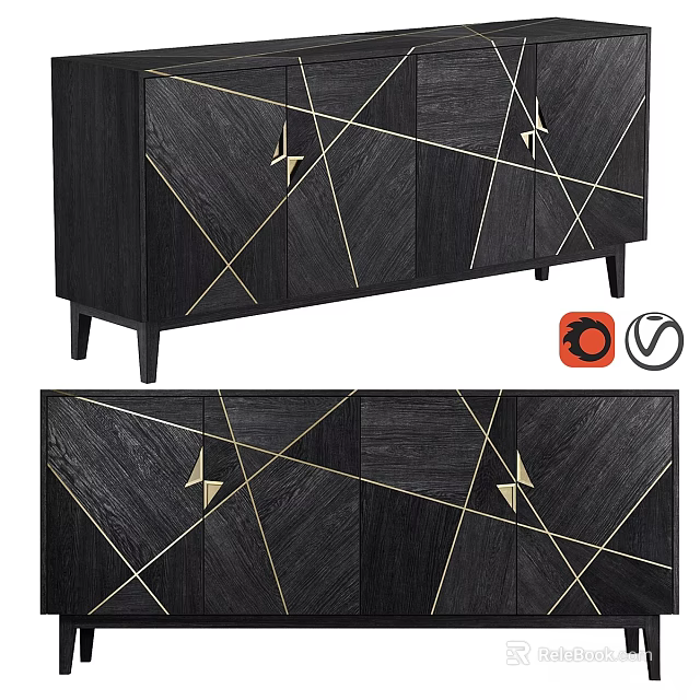 Modern Black Wooden Dresser With Gold Geometric Accents And Storage Cabinets 3d model 