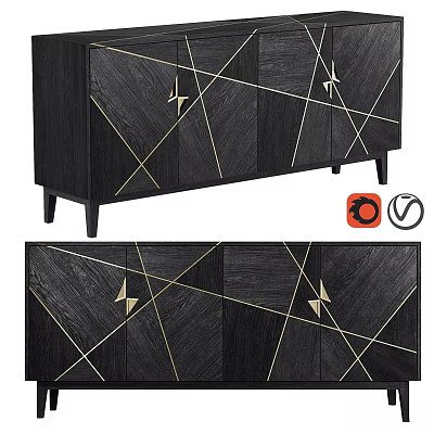 Modern Black Wooden Dresser With Gold Geometric Accents And Storage Cabinets 3d model