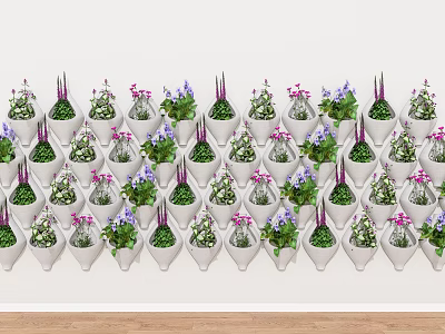 Green Plant Wall With White Pots And Various Green Plants Purple Flowers Arrangement 3d model