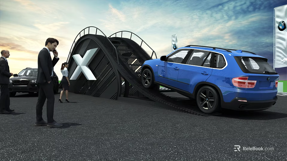 Blue SUV Vehicle Showcased On Outdoor Exhibition Platform With People Around 3d model 