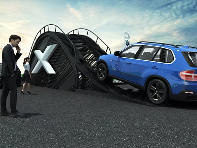 Blue SUV Vehicle Showcased On Outdoor Exhibition Platform With People Around 3d model