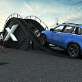 Blue SUV Vehicle Showcased On Outdoor Exhibition Platform With People Around
