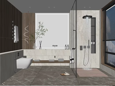 Modern Bathroom Interior Design With Marble Walls Bathtub Glass Shower And Decorative Plant 3d model