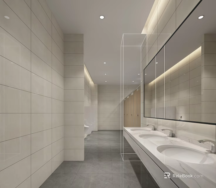 Modern Public Restroom With Light Colored Tiled Walls Long Vanity And Mirrors 3d model