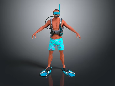 Man Wearing Scuba Diving Mask Snorkel BCD And Blue Patterned Shorts With Flippers 3d model