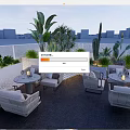 Rooftop Bar Outdoor Seating Area With Palm Leaves Cactus White Furniture City Backdrop And Lighting