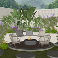 Stylish Outdoor Sofa On Wooden Patio With Fire Pit Surrounding Green Plants And Purple Flowers