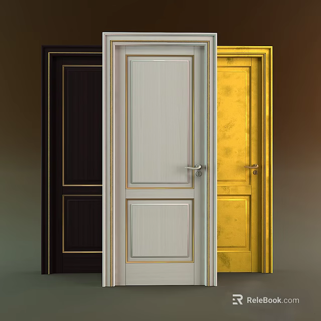 Modern Hinged Doors With Black White Gold Panel Designs And Metal Handles 3d model 