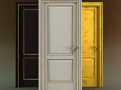 Modern Hinged Doors With Black White Gold Panel Designs And Metal Handles 3d model