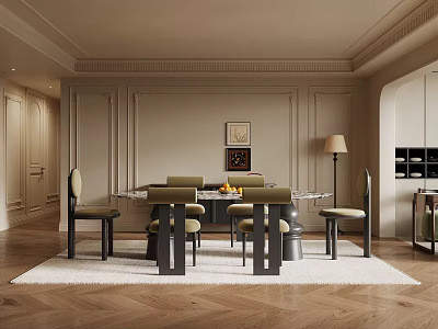 Elegant Restaurant Interior Design With Glass Dining Table Upholstered Chairs And Herringbone Wood Flooring 3d model